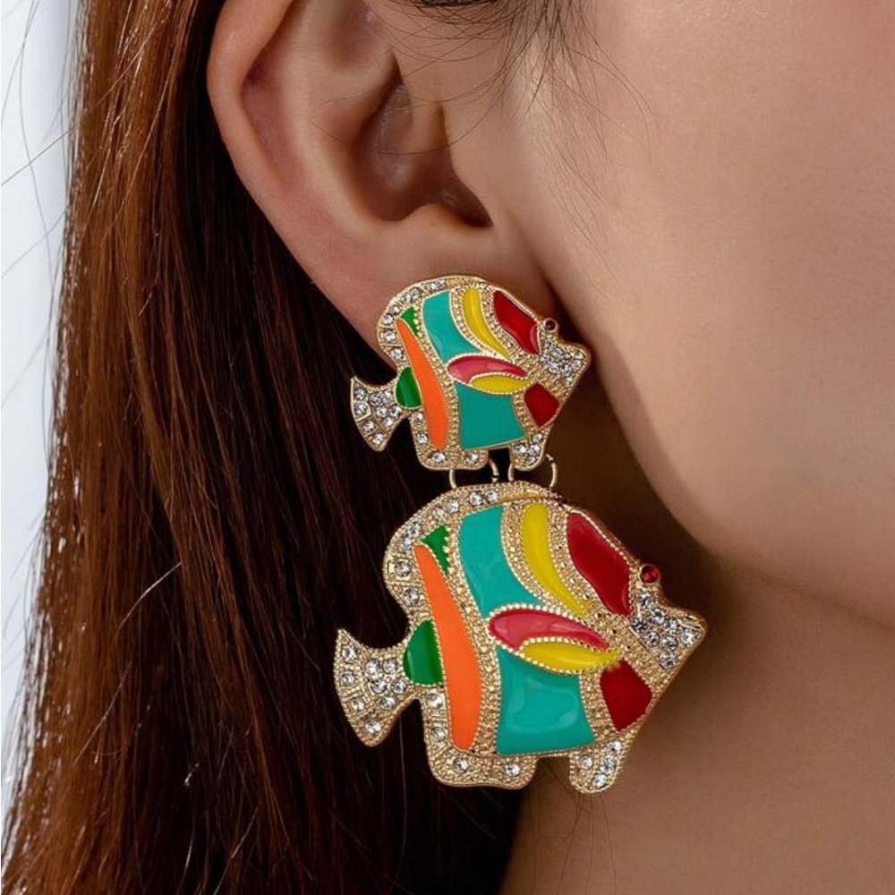 Colorful Crystal Exaggerated Fish Earrings